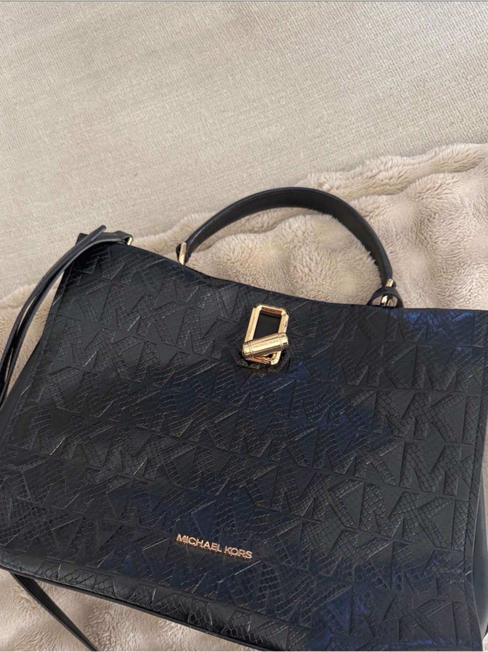 Michael Kors Black Embossed Leather Satchel with Gold Hardware